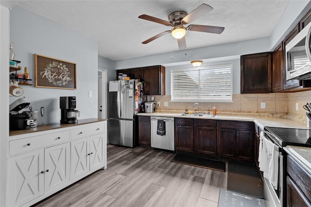 kitchen featuring light wood-style flooring, dark brown cabinets, appliances with stainless steel finishes, and a sink