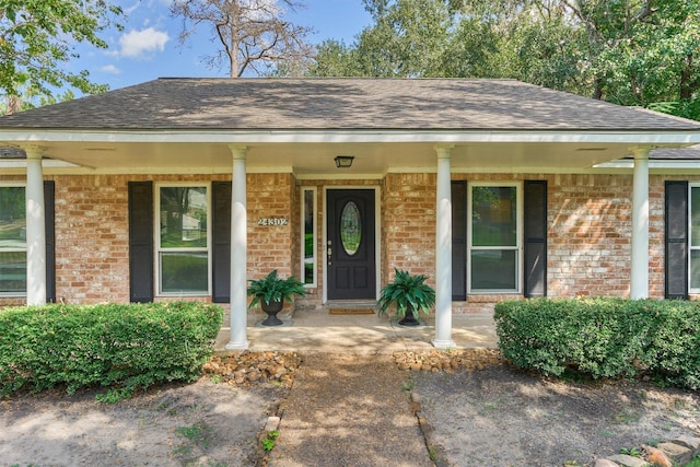 view of exterior entry featuring roof with shingles, a porch, and brick siding