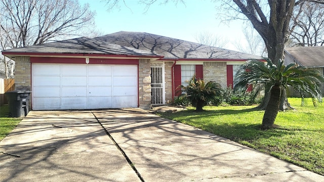 ranch-style home featuring a front lawn, stone siding, an attached garage, and concrete driveway