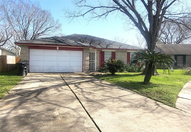 single story home with a garage, driveway, stone siding, fence, and a front lawn