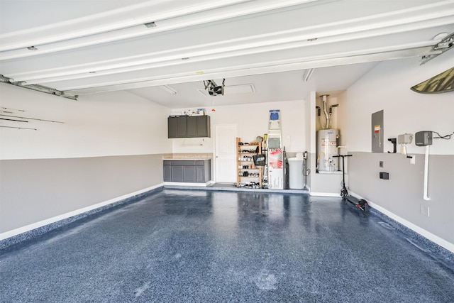 garage featuring water heater, a garage door opener, electric panel, and baseboards