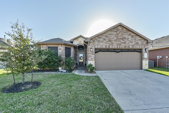 view of front of property featuring an attached garage, brick siding, driveway, stone siding, and a front yard