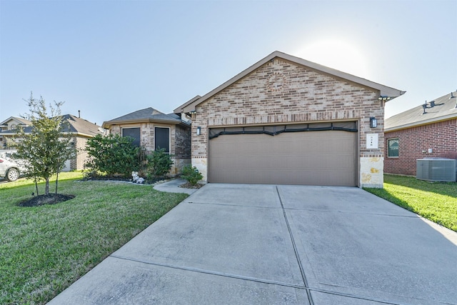 view of front of property featuring cooling unit, a garage, brick siding, concrete driveway, and a front lawn