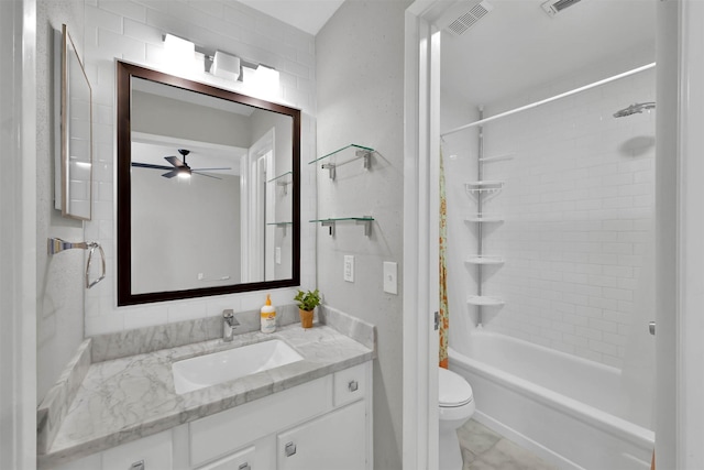 full bath with toilet, shower / bath combo, vanity, and visible vents