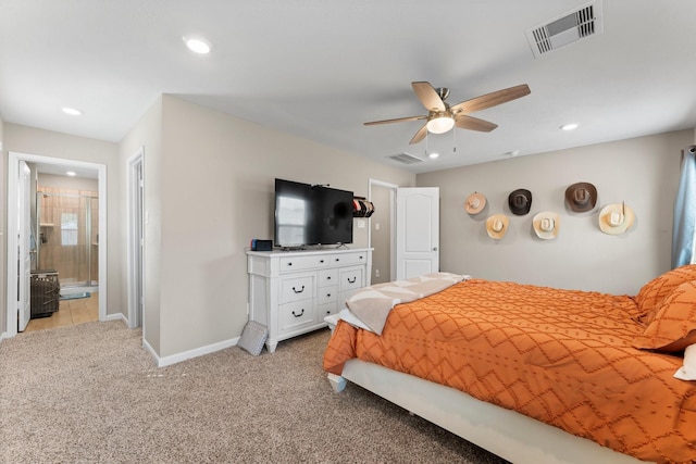 bedroom featuring recessed lighting, visible vents, light carpet, ceiling fan, and baseboards