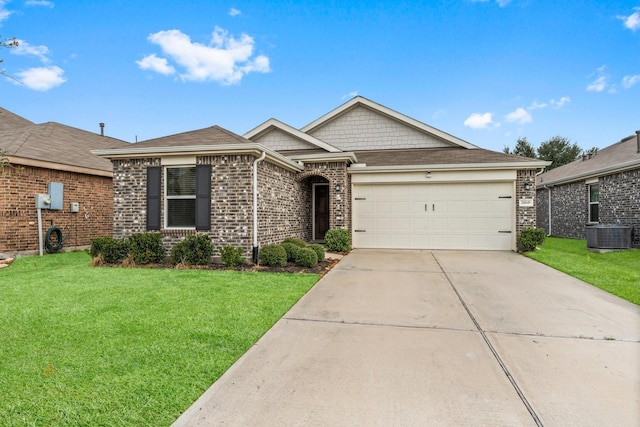 view of front facade featuring a garage, brick siding, concrete driveway, and a front yard