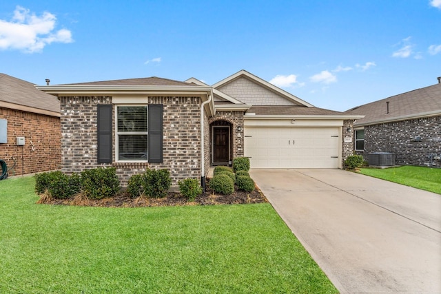 view of front of home with central AC unit, an attached garage, brick siding, concrete driveway, and a front lawn