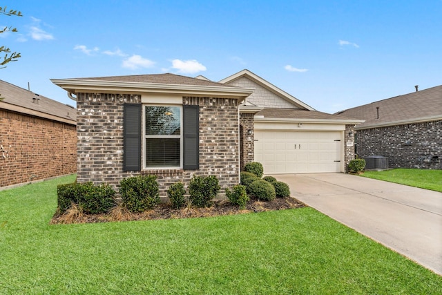 view of front of home with brick siding, an attached garage, a front yard, cooling unit, and driveway