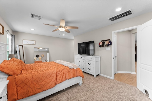 bedroom featuring recessed lighting, visible vents, ceiling fan, and baseboards