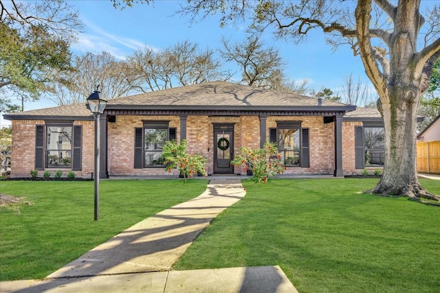 view of front of house featuring brick siding, roof with shingles, and a front yard