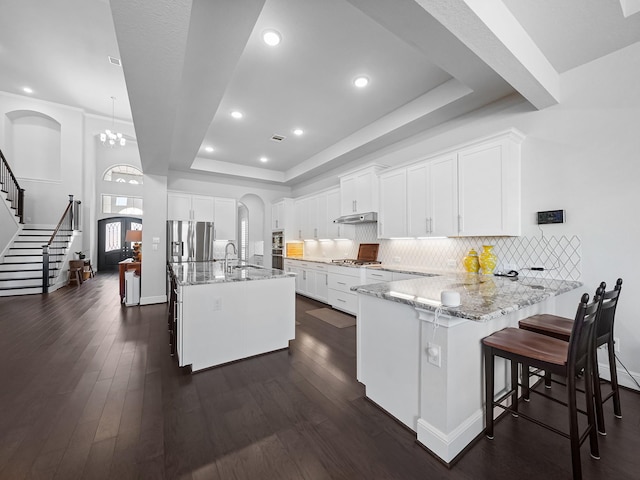 kitchen featuring a tray ceiling, a peninsula, dark wood-style flooring, arched walkways, and appliances with stainless steel finishes