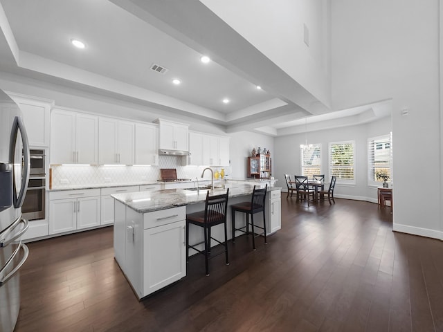 kitchen with dark wood-style floors, visible vents, a sink, a raised ceiling, and tasteful backsplash