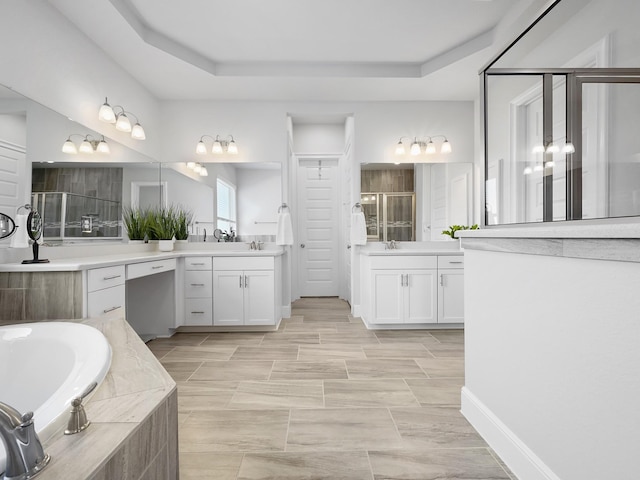 bathroom with a tray ceiling, a garden tub, a stall shower, and a sink