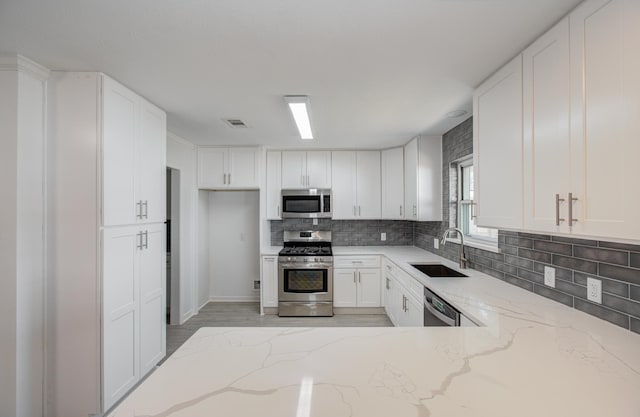 kitchen with light stone counters, stainless steel appliances, a sink, white cabinetry, and tasteful backsplash