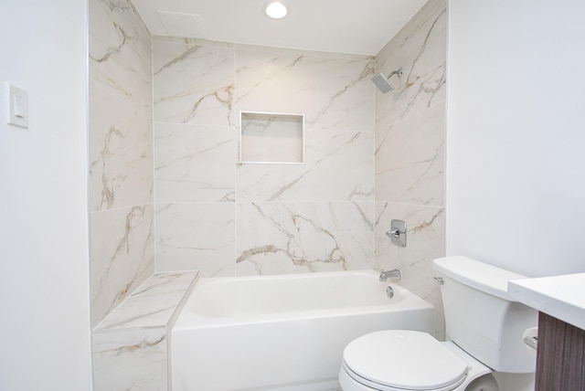 bathroom with toilet, recessed lighting, shower / washtub combination, and vanity