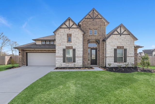 view of front of home featuring brick siding, concrete driveway, a front lawn, and fence