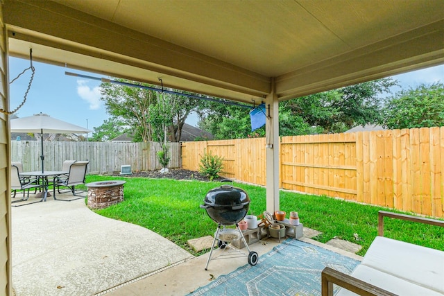 view of patio with a fire pit and a fenced backyard