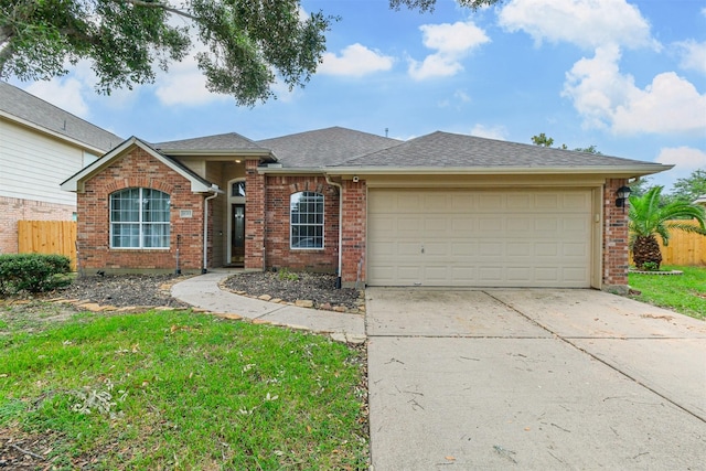 ranch-style home with brick siding, a shingled roof, fence, a garage, and driveway