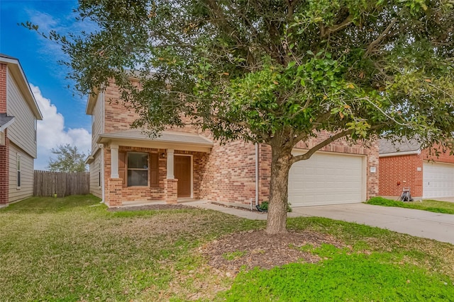 obstructed view of property with fence, a front lawn, concrete driveway, and brick siding