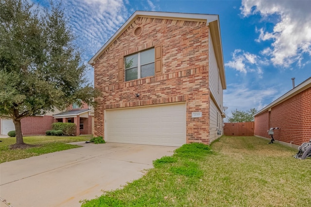 view of front facade featuring driveway, an attached garage, a front yard, and brick siding