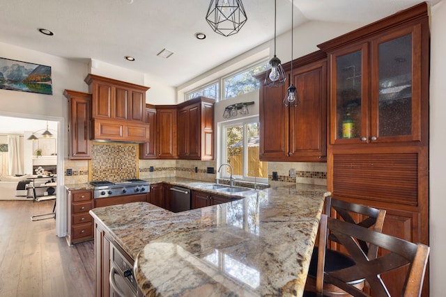 kitchen with stainless steel appliances, glass insert cabinets, a sink, light stone countertops, and hardwood / wood-style flooring