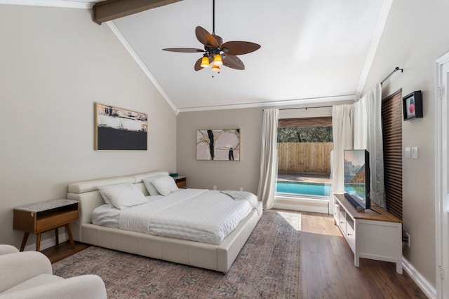 bedroom featuring baseboards, ceiling fan, wood finished floors, vaulted ceiling with beams, and crown molding