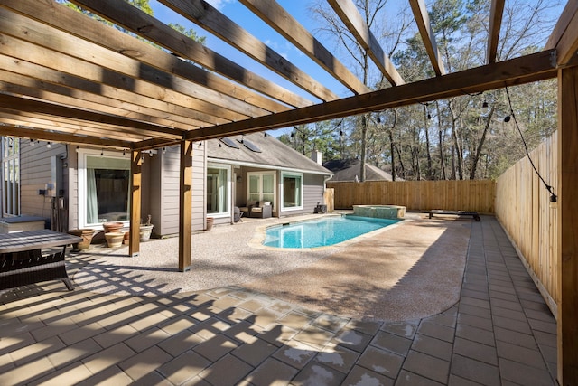 view of swimming pool with a pool with connected hot tub, a fenced backyard, a patio, and a pergola