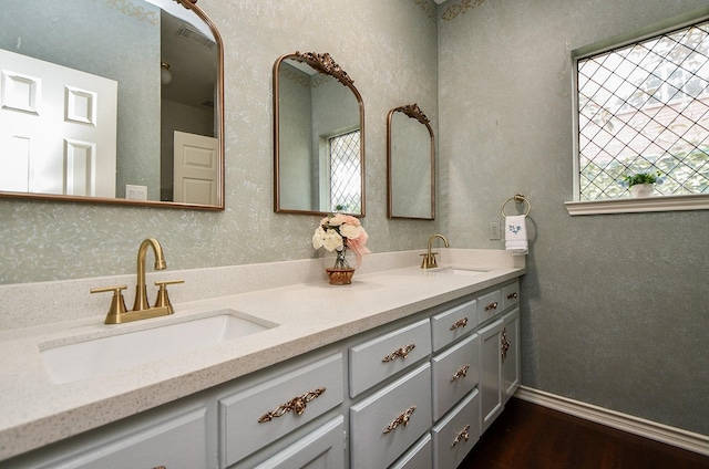 bathroom featuring double vanity, wood finished floors, baseboards, and a sink