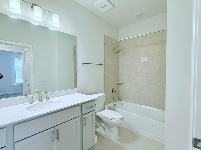 full bathroom with toilet, shower / bathtub combination, tile patterned flooring, and vanity