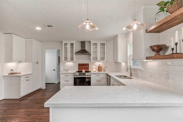 kitchen with a sink, stainless steel appliances, decorative backsplash, open shelves, and wall chimney exhaust hood