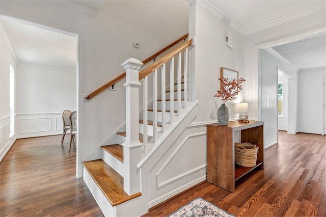 stairs featuring wood finished floors, a wealth of natural light, and crown molding