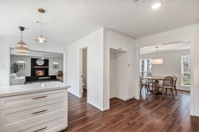 kitchen with dark wood-type flooring, visible vents, light countertops, and white cabinets