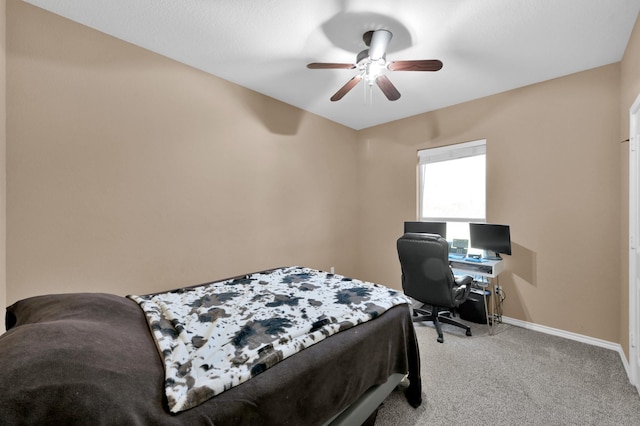 bedroom with baseboards, light carpet, and ceiling fan