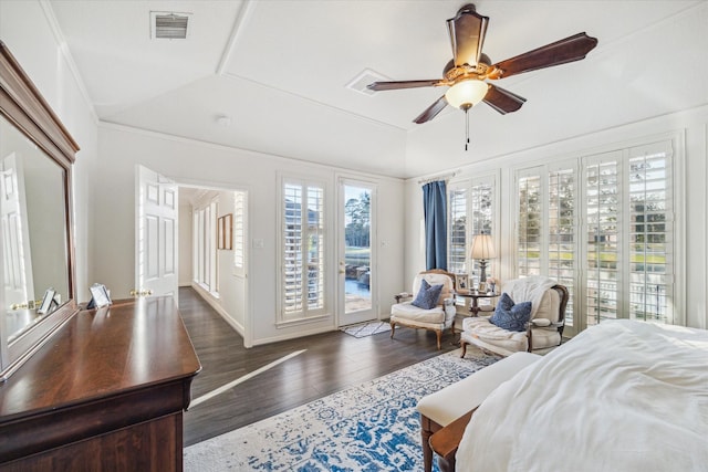 bedroom with lofted ceiling, wood finished floors, visible vents, access to outside, and crown molding