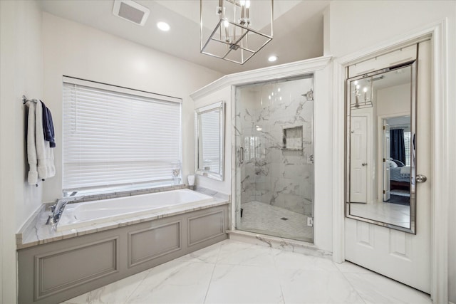 bathroom featuring marble finish floor, a marble finish shower, recessed lighting, visible vents, and a bath