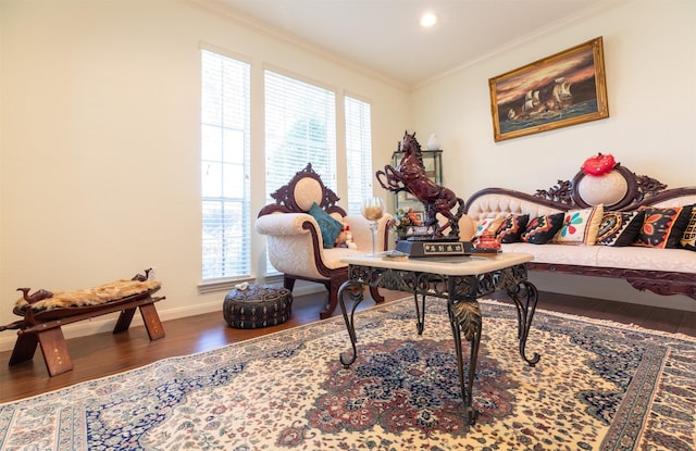 home office featuring recessed lighting, baseboards, crown molding, and wood finished floors