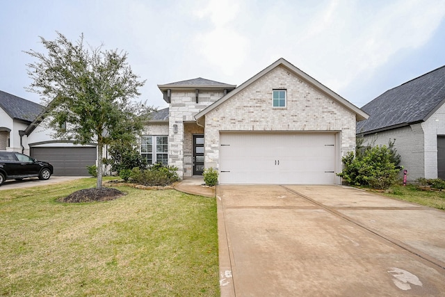 view of front facade featuring driveway, stone siding, an attached garage, a front yard, and brick siding