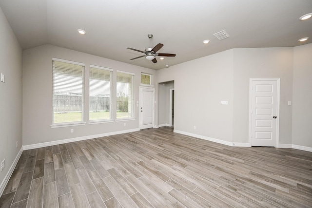 unfurnished room featuring recessed lighting, visible vents, baseboards, and wood finished floors