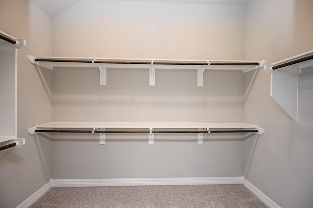 spacious closet featuring carpet floors and lofted ceiling