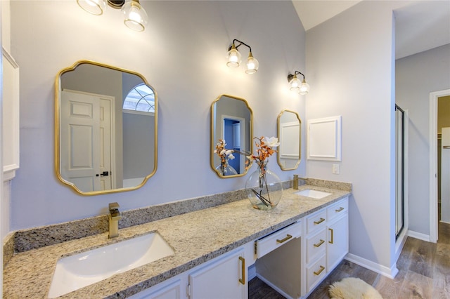 full bathroom with a stall shower, wood finished floors, a sink, and double vanity