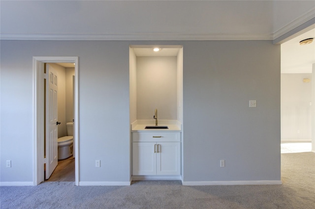 unfurnished bedroom featuring light carpet, baseboards, a sink, and ornamental molding