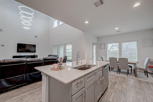 kitchen featuring light countertops, visible vents, a sink, and light wood-style flooring