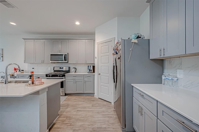 kitchen featuring a sink, light countertops, appliances with stainless steel finishes, gray cabinets, and decorative backsplash