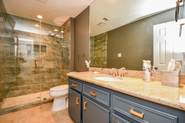 full bathroom with visible vents, toilet, a stall shower, tile patterned floors, and vanity