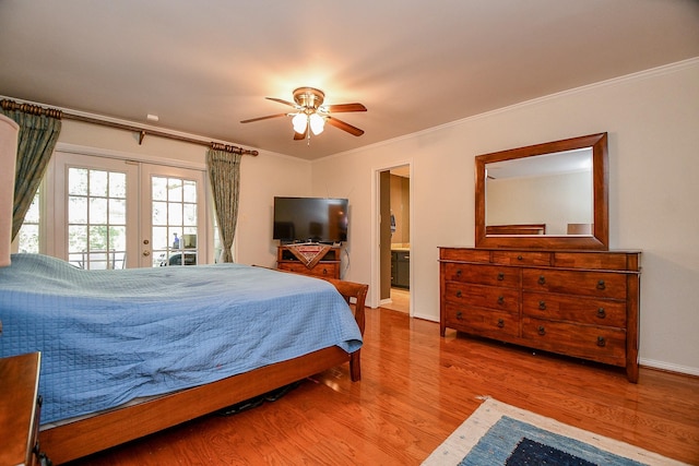 bedroom featuring wood finished floors, ceiling fan, ornamental molding, access to exterior, and french doors