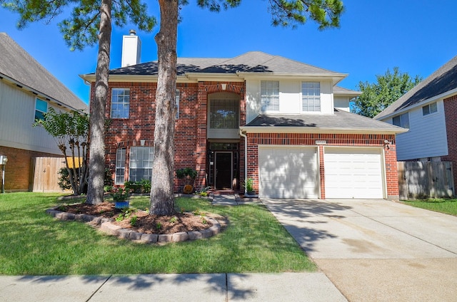 view of front of property featuring concrete driveway, brick siding, a chimney, and a front yard