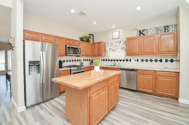 kitchen featuring visible vents, appliances with stainless steel finishes, a sink, wooden counters, and backsplash