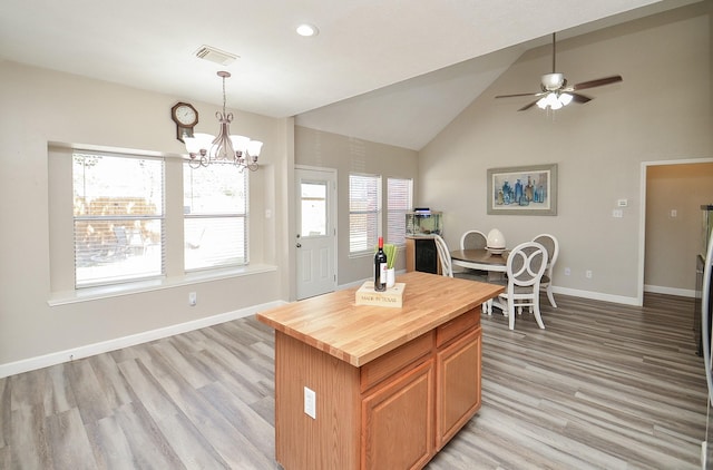 kitchen with butcher block countertops, light wood-type flooring, visible vents, and baseboards