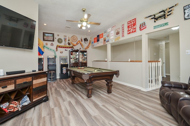 recreation room with visible vents, ceiling fan, wood finished floors, billiards, and baseboards