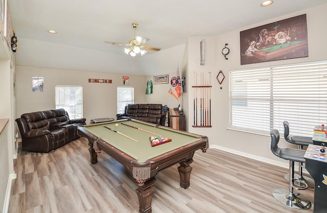 recreation room featuring light wood finished floors, baseboards, ceiling fan, pool table, and recessed lighting